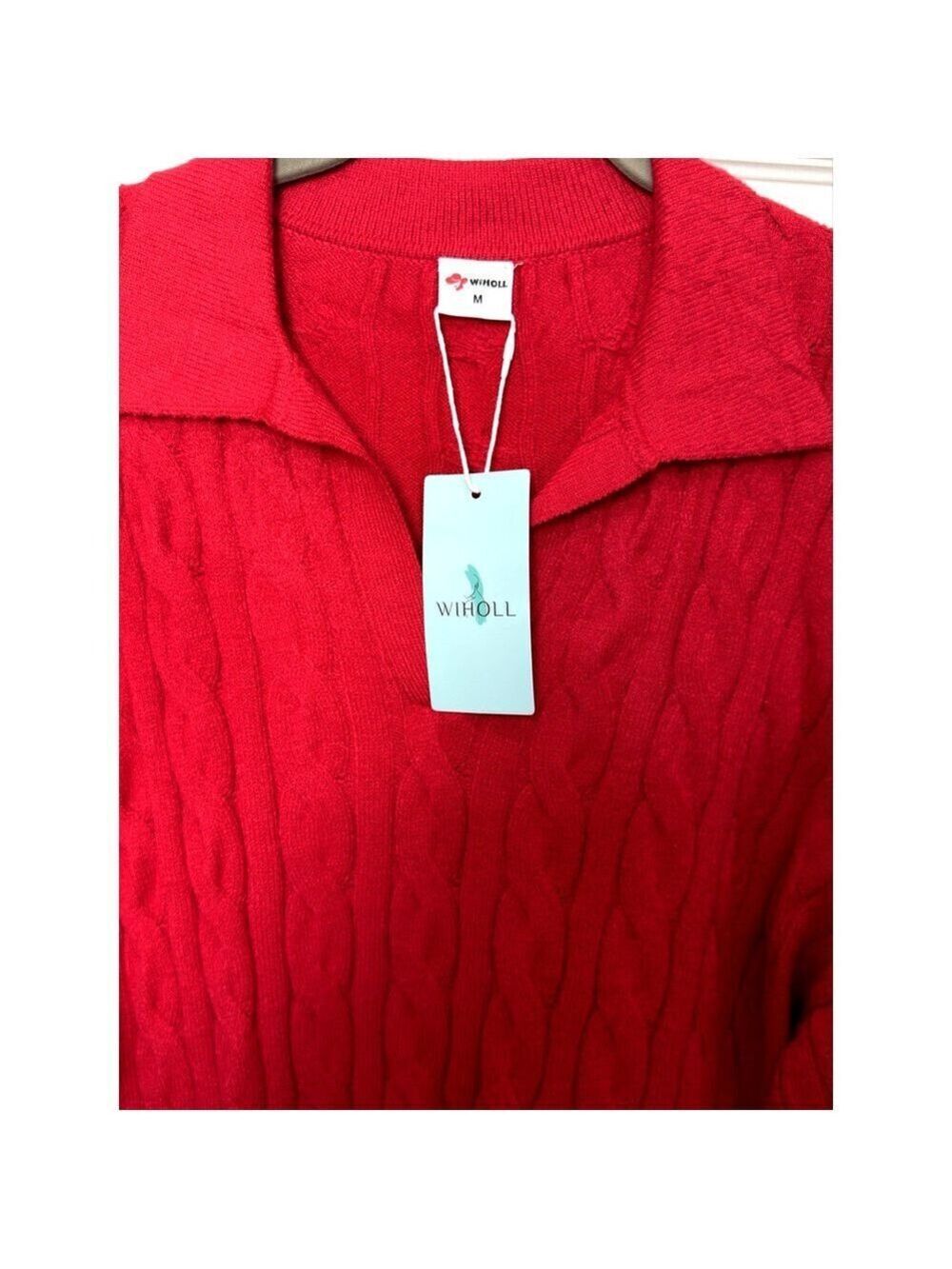 NWT WIHOLL Red Cable-Knit Collared V Neck Pullover Sweater Women Size M-L - Picture 3 of 6